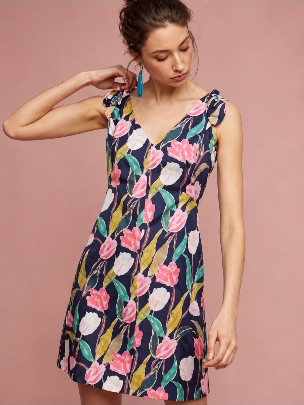 Donna Morgan Women's Floral V-Neck Shift Dress in Navy and Pink EUC